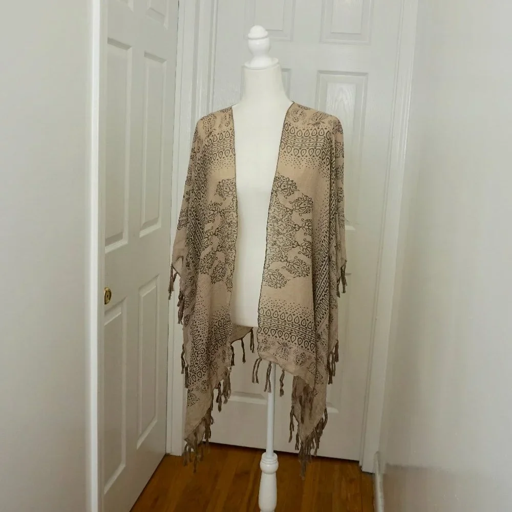 💜 JANICE Tan/Black Pattern Scarf Coat Poncho Kimono (OS)